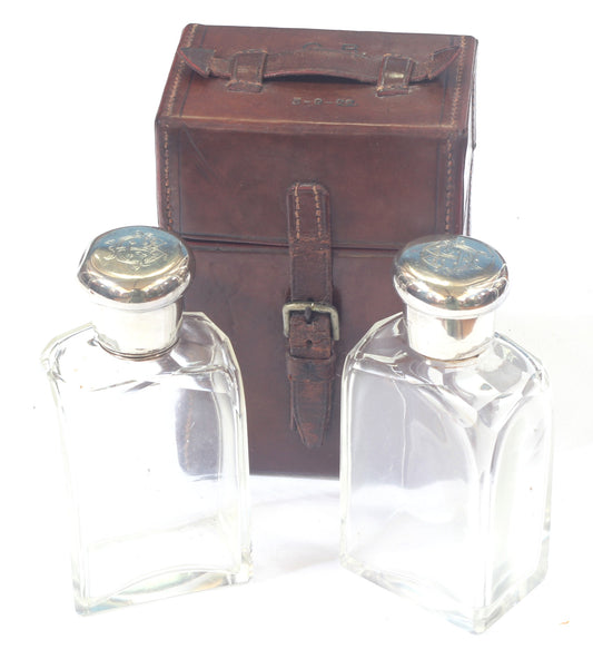 Pair of Travel Flasks or Bottles in Leather Case by Finnigan