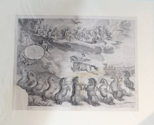 Plate 4 from "La Methode et Invention Nouvelle de Dresser les Chevaux" by William Cavendish, 1657 - The Duke of Cavendish Astonishing the Gods