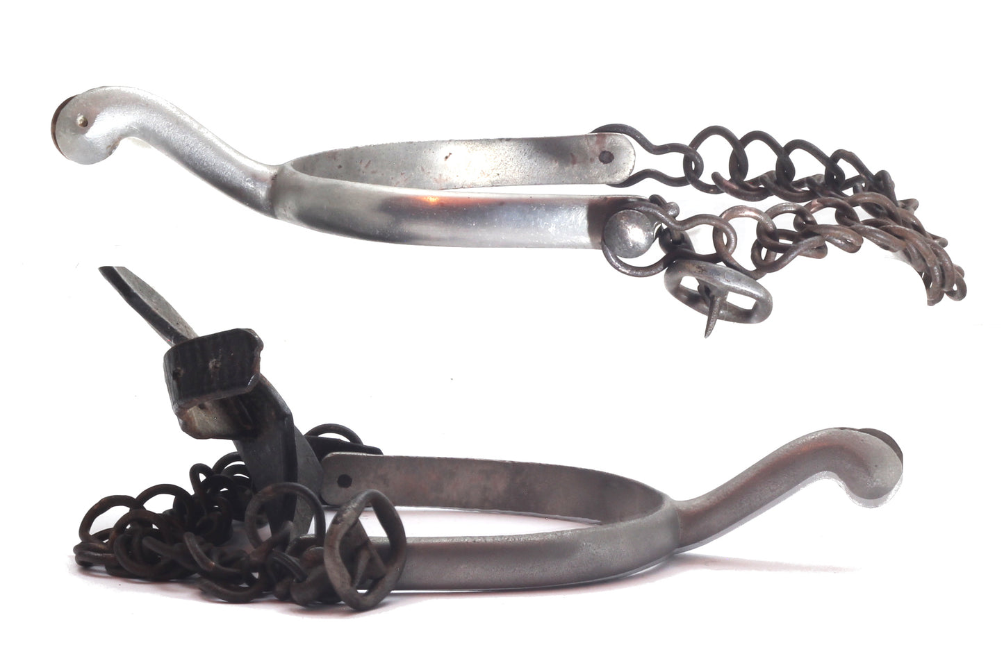 Pair of Nickel Swan Neck Spurs with Buttons, Buckles and Chains