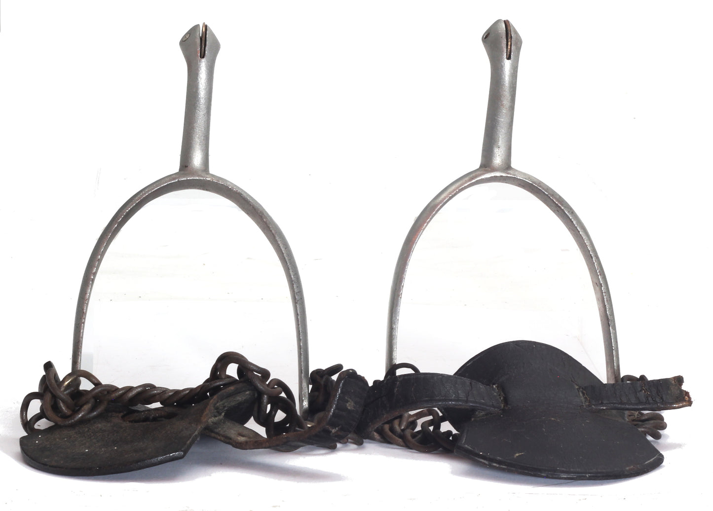 Pair of Nickel Swan Neck Spurs with Buttons, Buckles and Chains