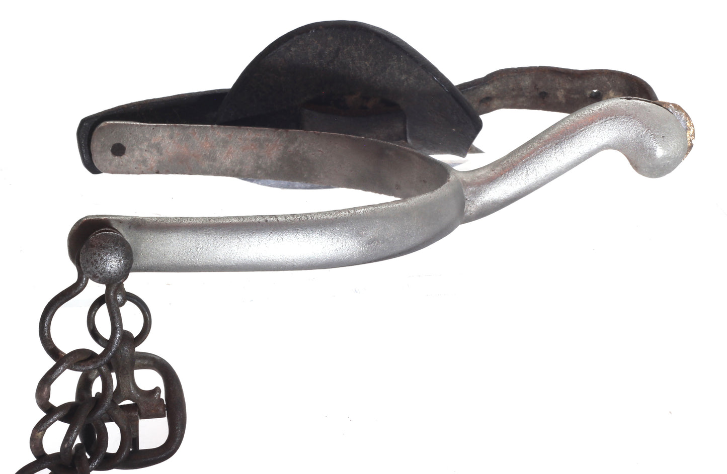 Pair of Nickel Swan Neck Spurs with Buttons, Buckles and Chains
