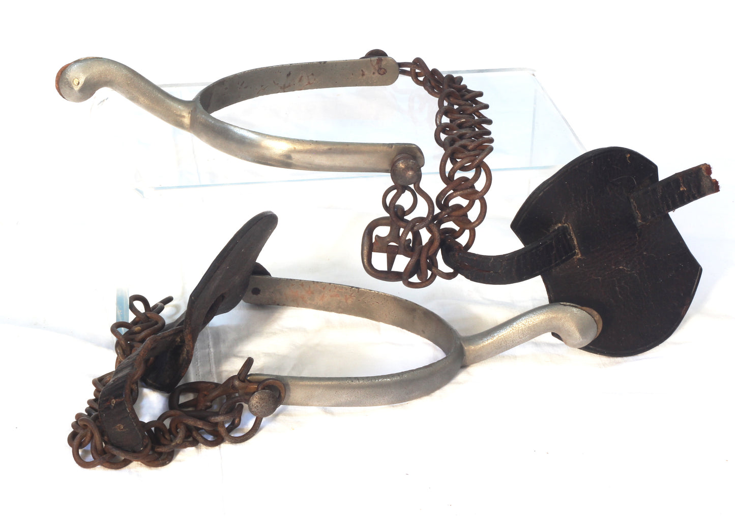 Pair of Nickel Swan Neck Spurs with Buttons, Buckles and Chains