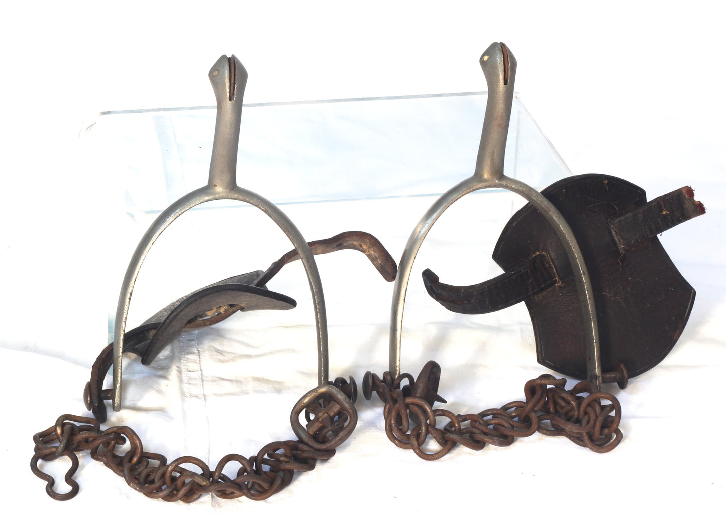 Pair of Nickel Swan Neck Spurs with Buttons, Buckles and Chains - Spur468