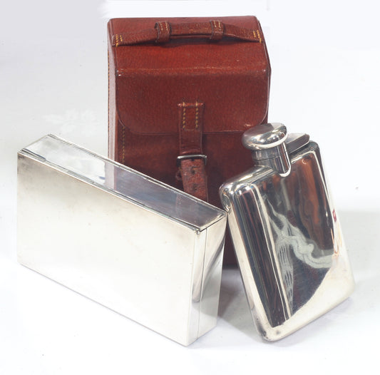 1926 Silver Flask & Sandwich Tin in Leather Case