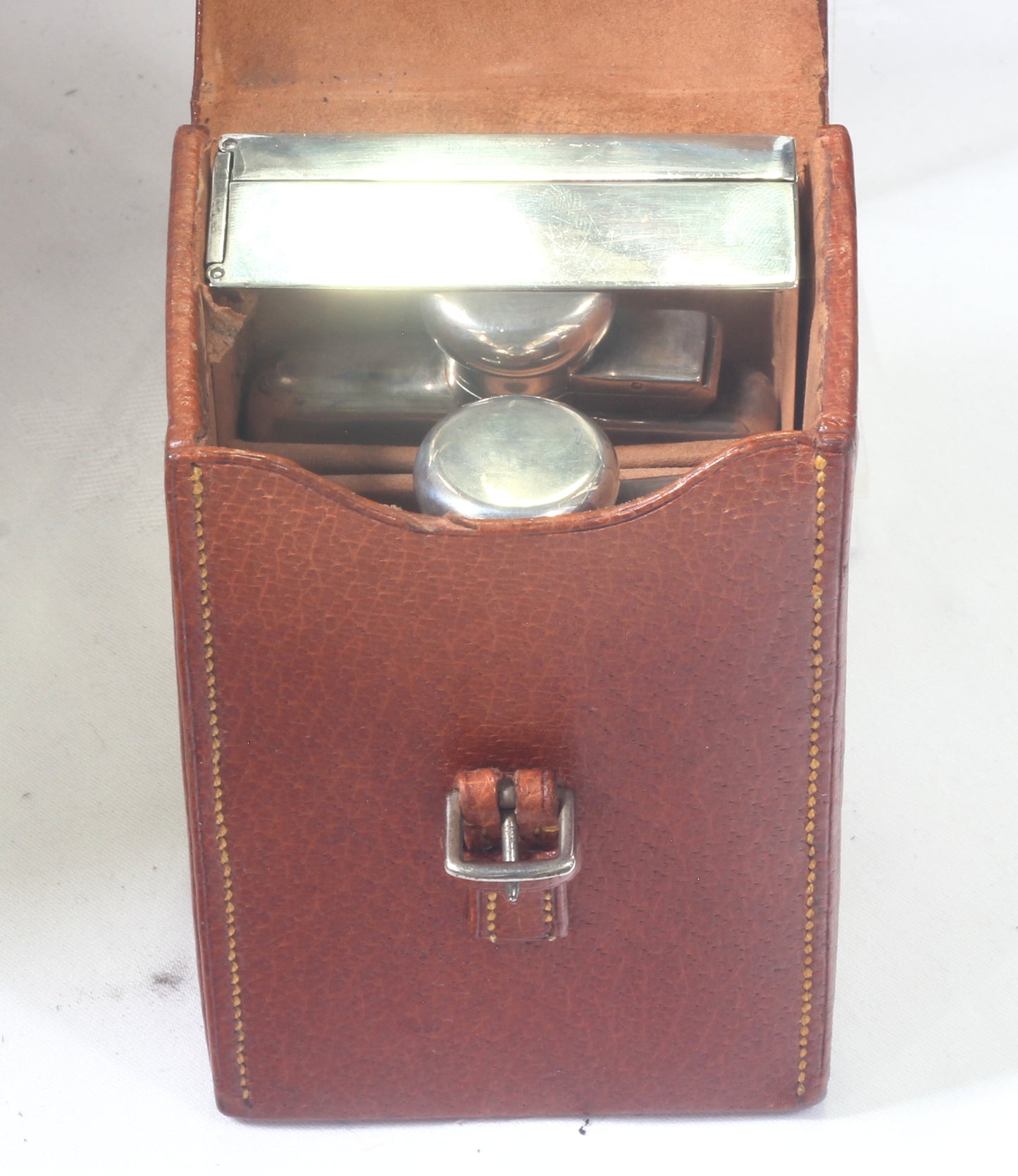 1926 Silver Flask & Sandwich Tin in Leather Case