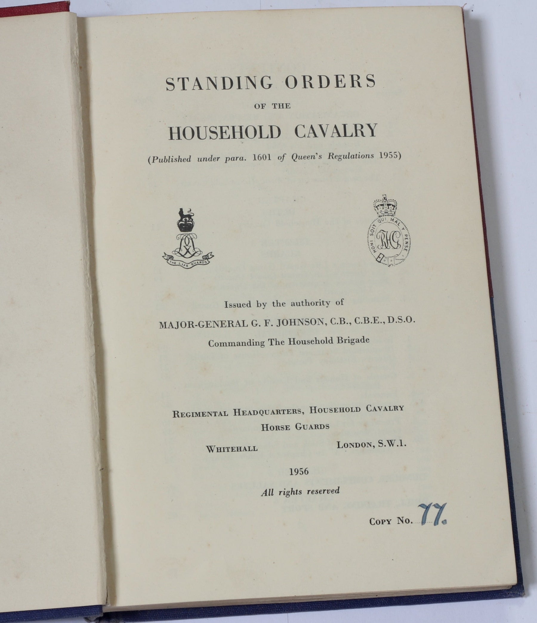 1956 Regimental Standing Orders of The Household Cavalry copy number 77