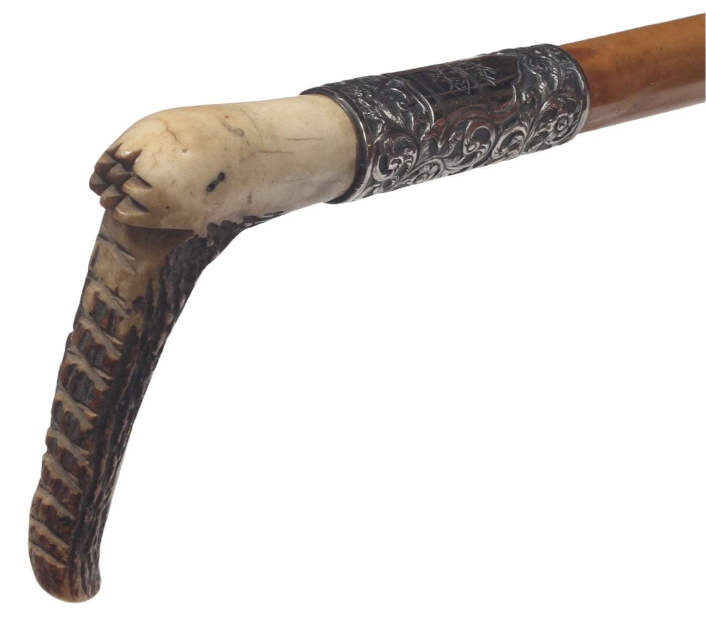 Antique 1894 Malacca Hunting Whip with Foliate Silver Collar