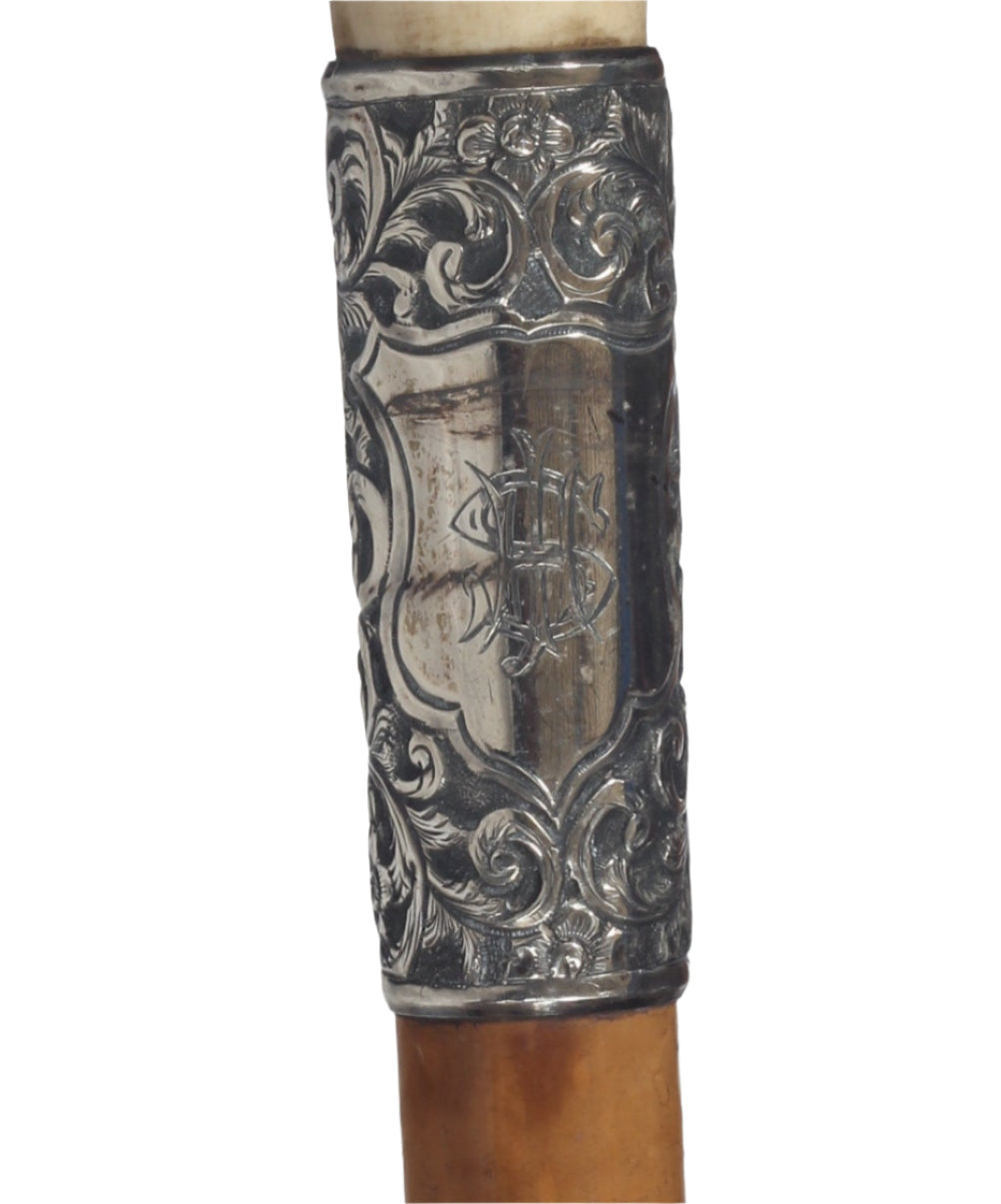 Antique 1894 Malacca Hunting Whip with Foliate Silver Collar