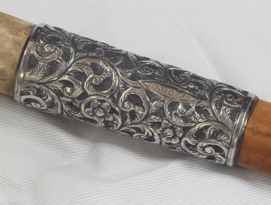 Antique 1894 Malacca Hunting Whip with Foliate Silver Collar