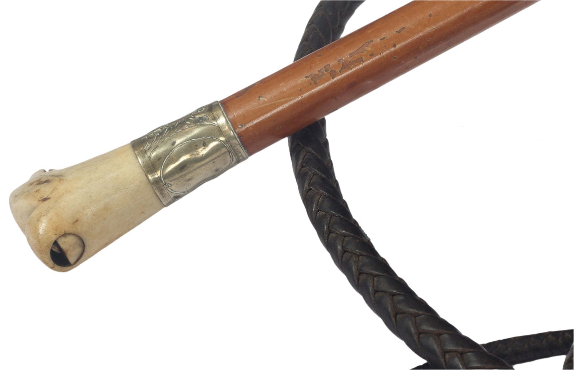 Antique Beagling Whip with Hound Handle and Whistle