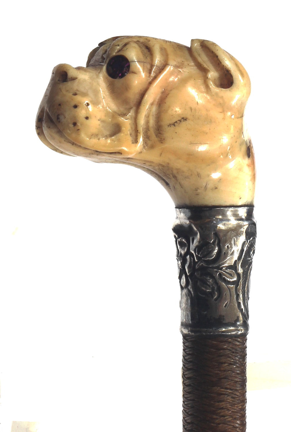 Antique Ladies Whip with Bone Boxer Dog Cap