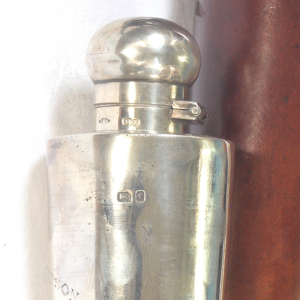 1901 Edwardian Silver Flask in Leather Saddle Case