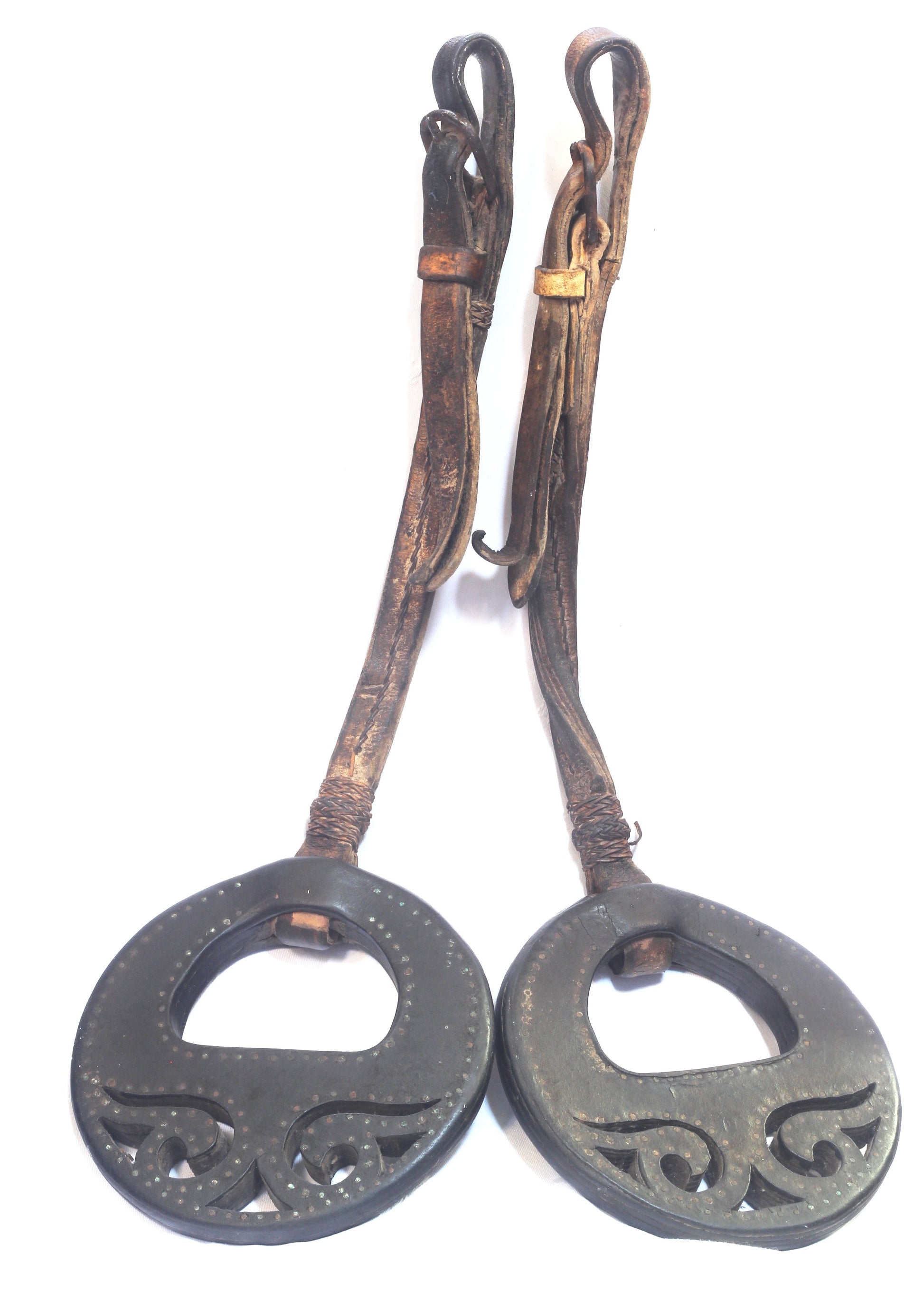 Pair of Antique Round Leather Stirrups from Argentina