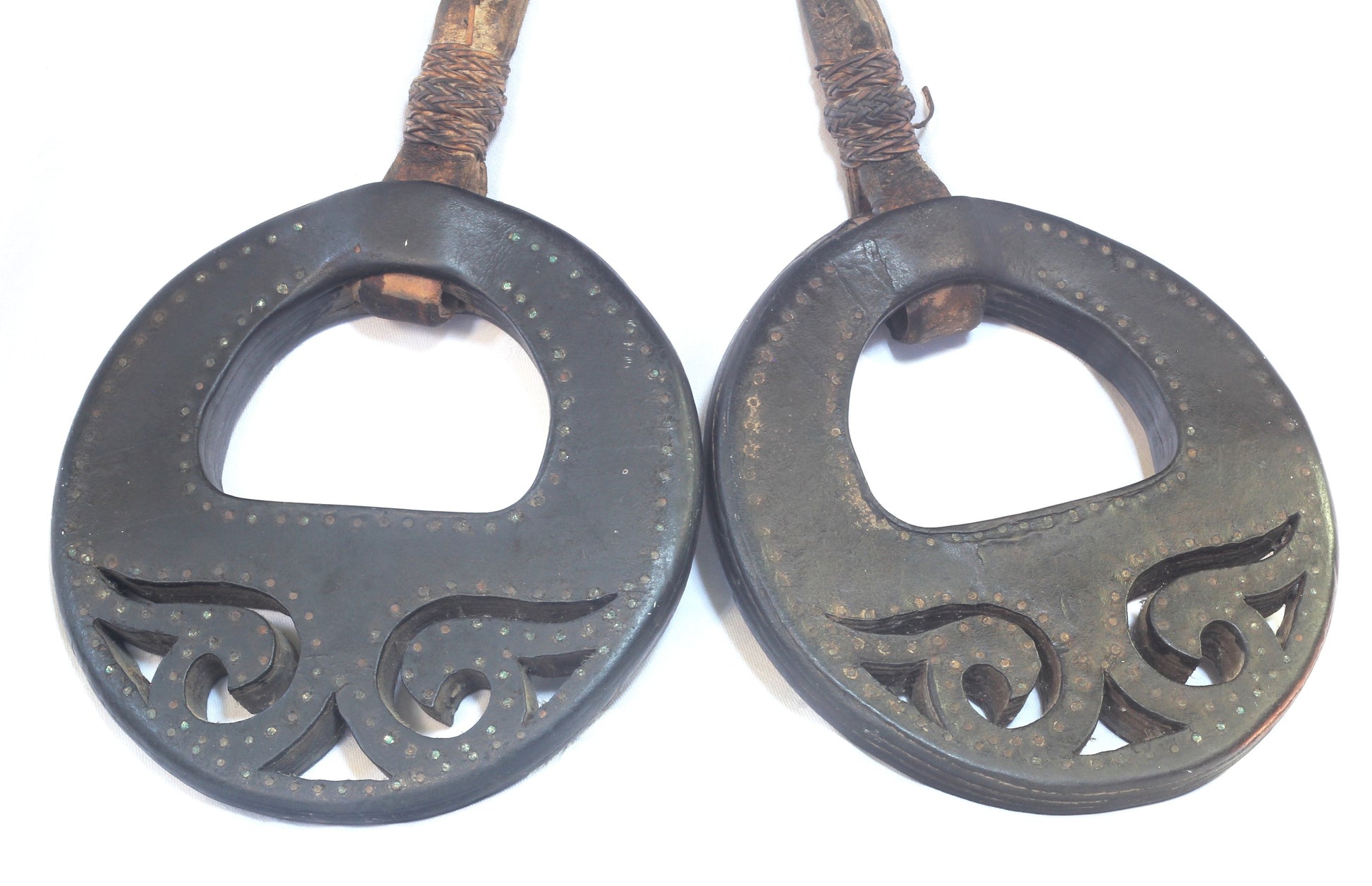 Pair of Antique Round Leather Stirrups from Argentina