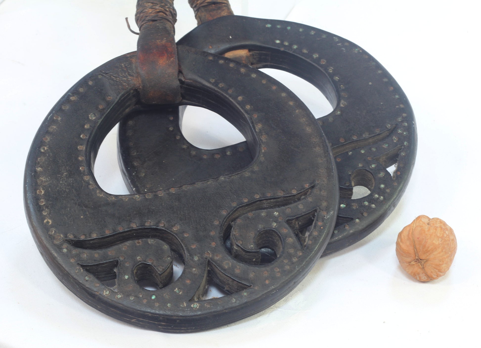 Pair of Antique Round Leather Stirrups from Argentina