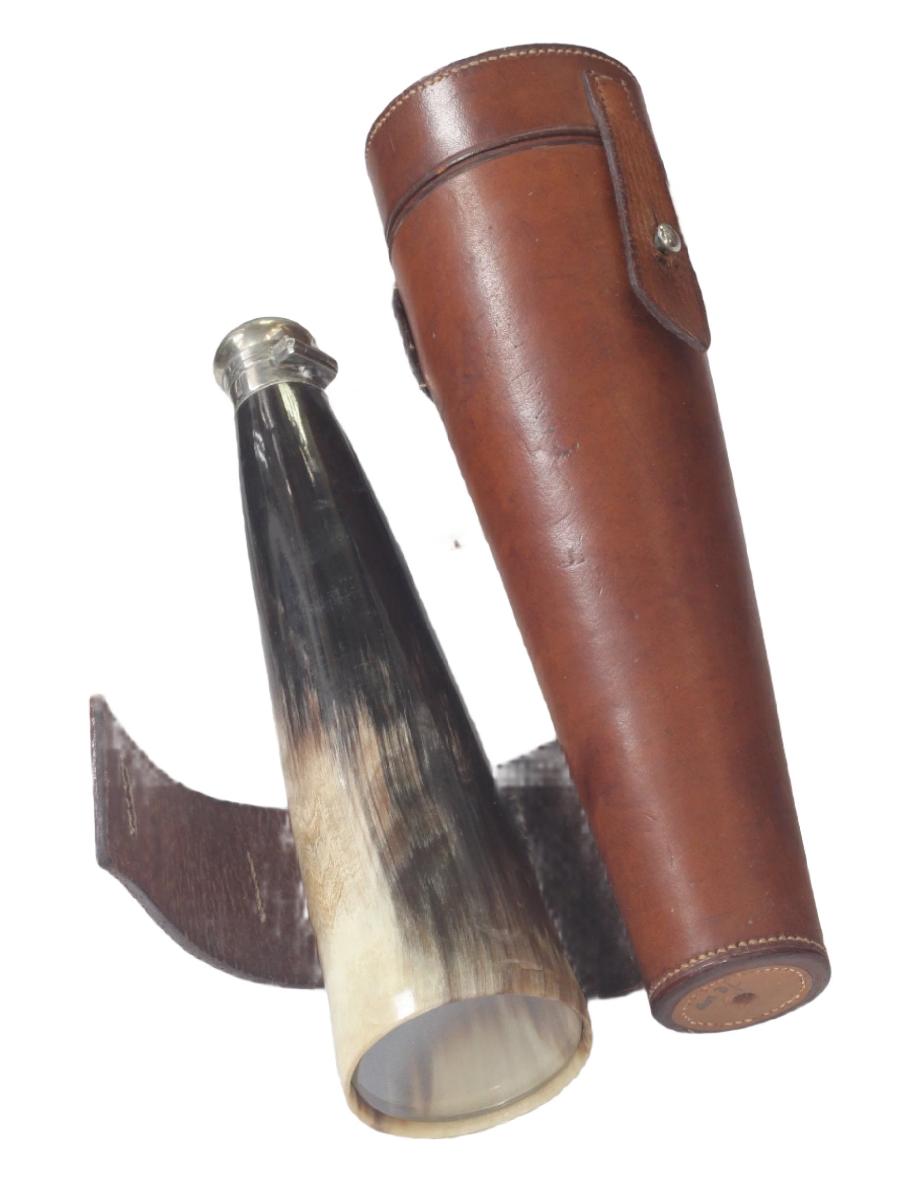 Horn Saddle or Hunting Flask in Leather Case