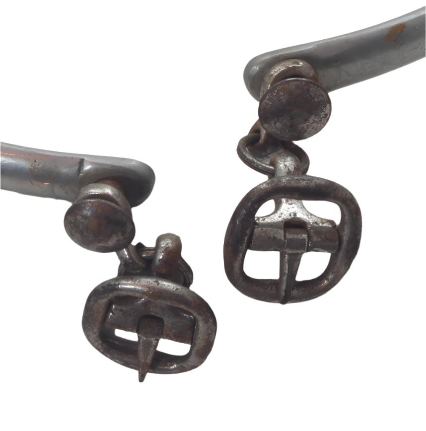 Pair of Nickel Hunting Spurs with Buttons & Buckles