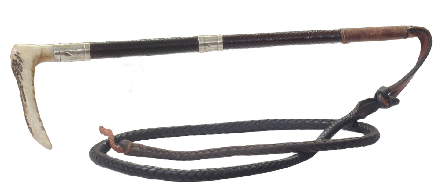 1945 Gents Leather Hunting Whip with Two Silver Collars