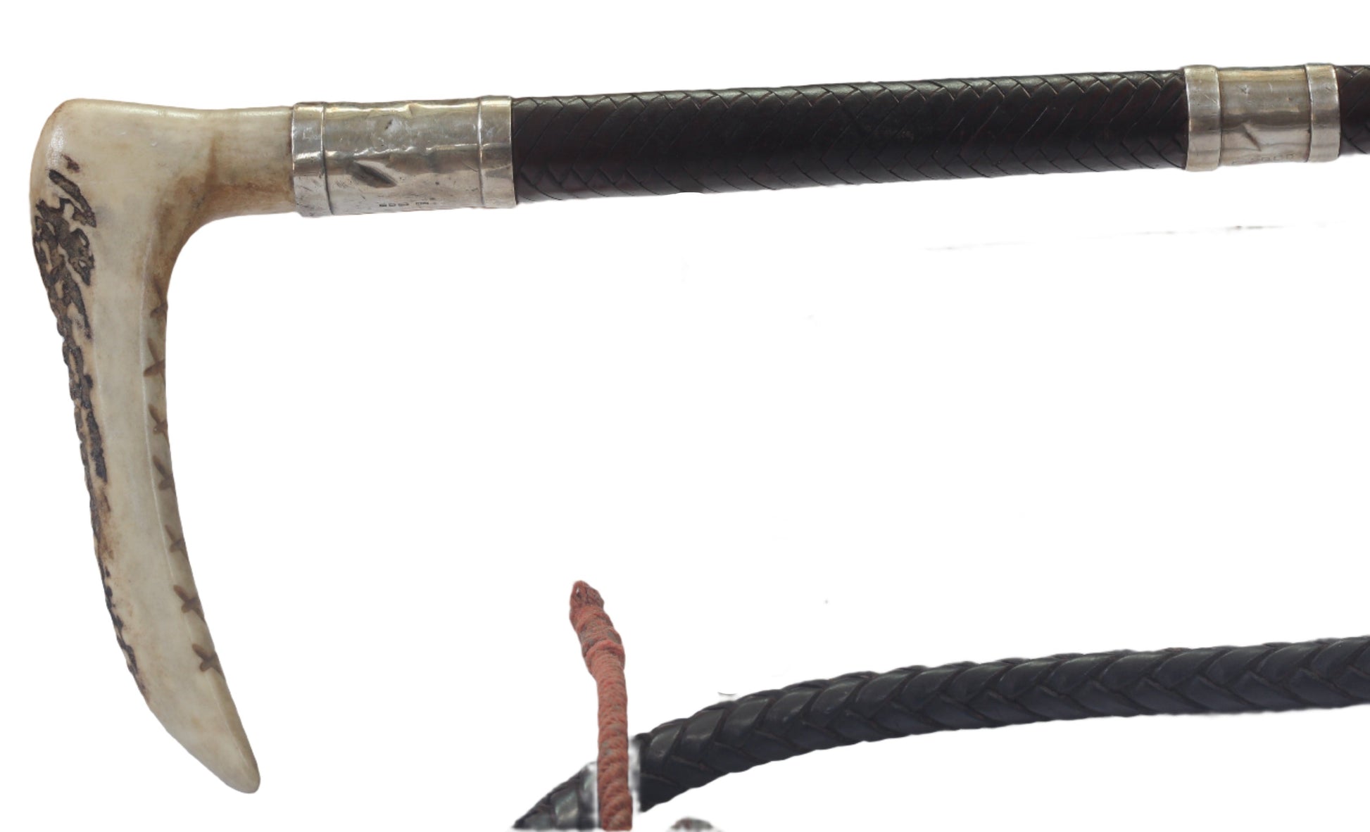 1945 Gents Leather Hunting Whip with Two Silver Collars