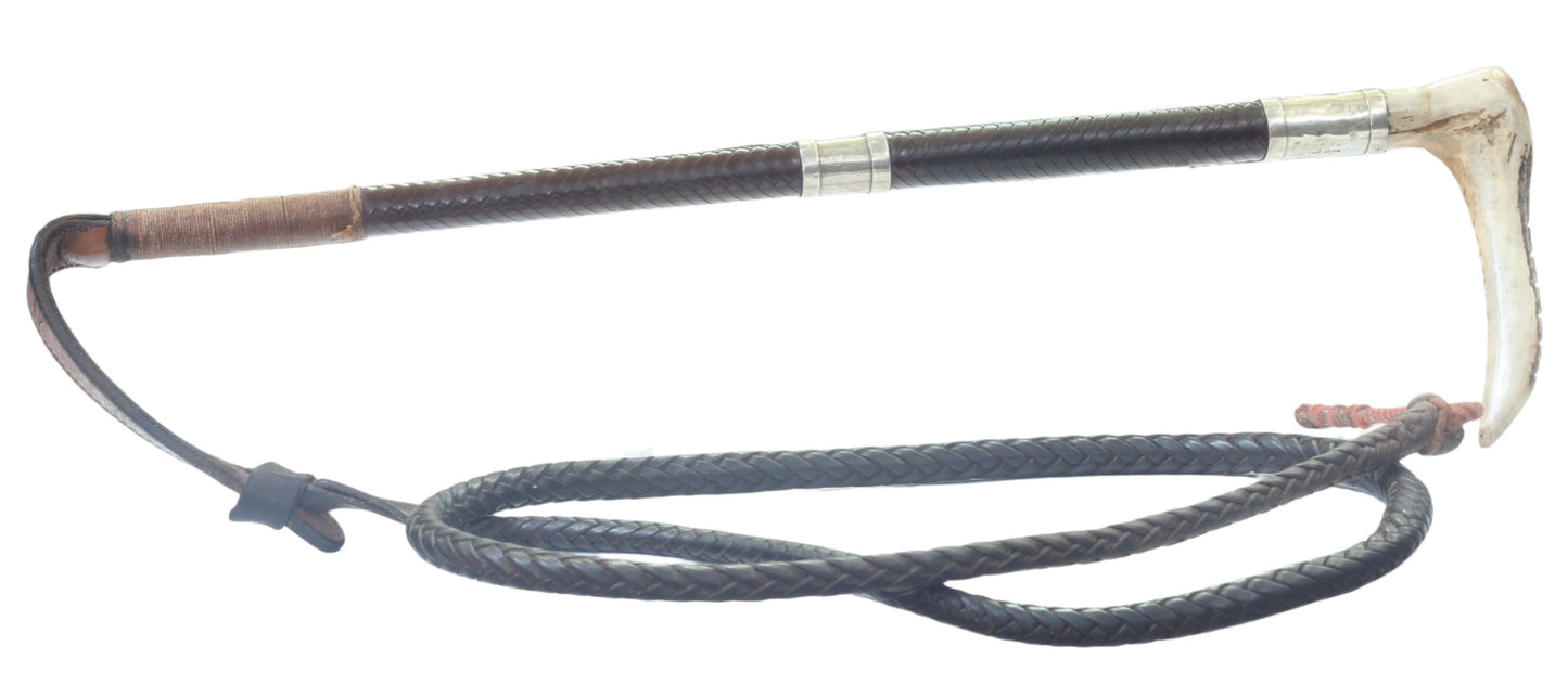 1945 Gents Leather Hunting Whip with Two Silver Collars