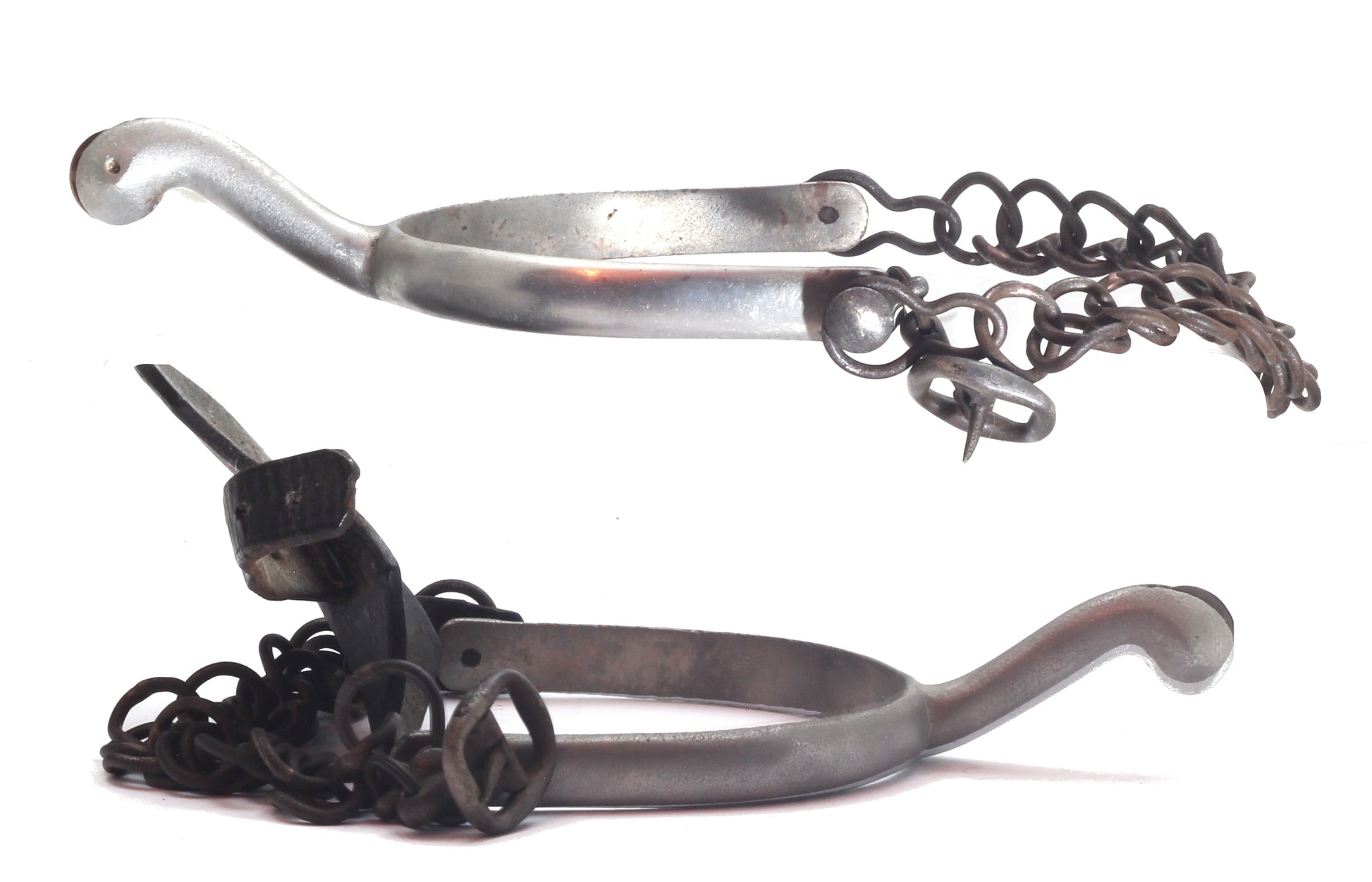 Pair of Nickel Swan Neck Spurs with Buttons, Buckles and Chains
