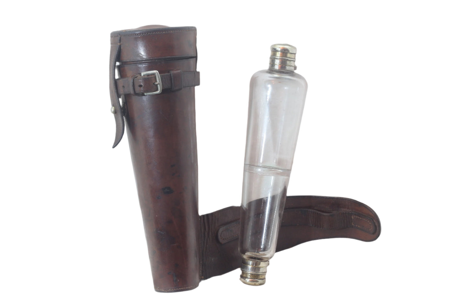 Vintage Double Ended Saddle or Hunting Flask in Leather Case