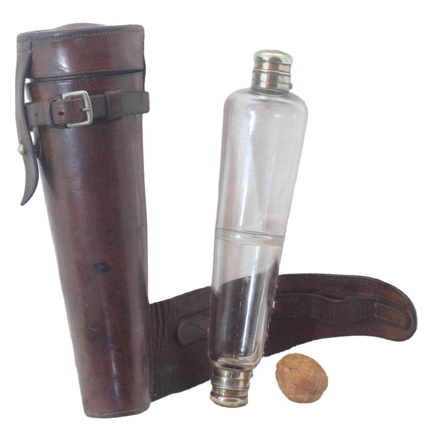 Vintage Double Ended Saddle or Hunting Flask in Leather Case