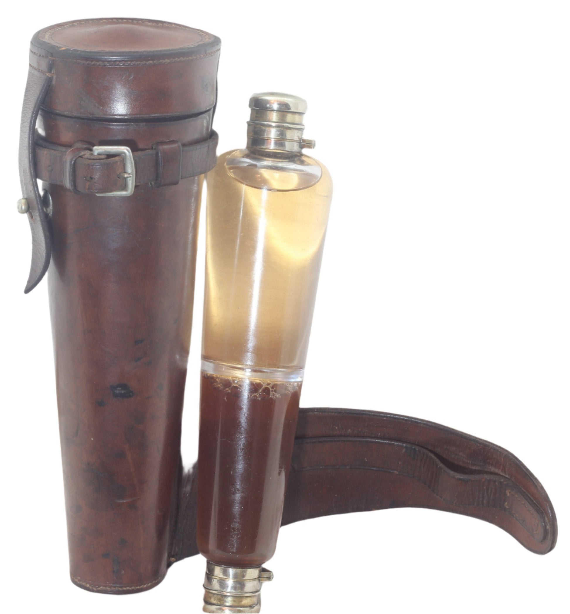 Vintage Double Ended Saddle or Hunting Flask in Leather Case