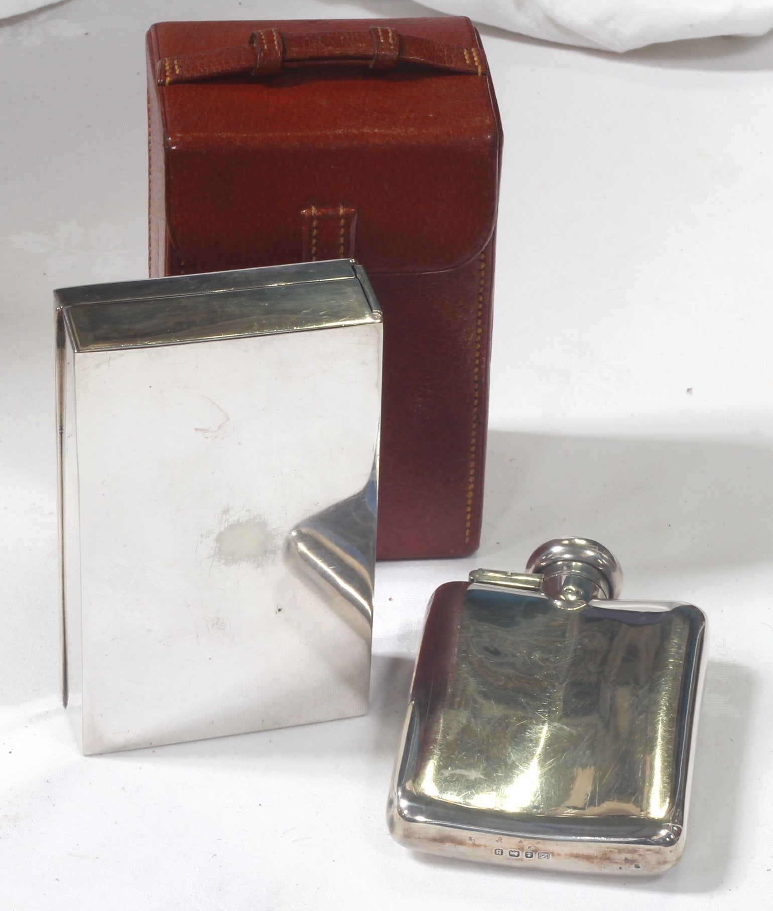 1926 Silver Flask & Sandwich Tin in Leather Case