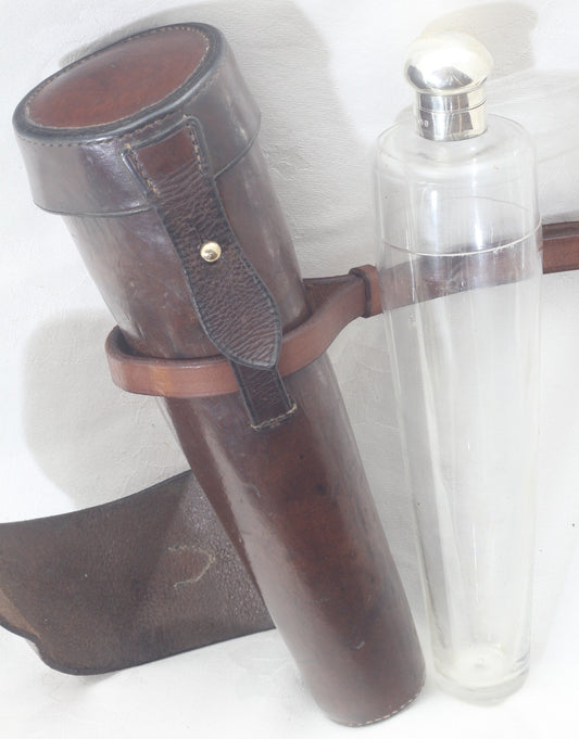 Antique 1896 Silver Mounted Saddle or Hunting Flask in Leather Case