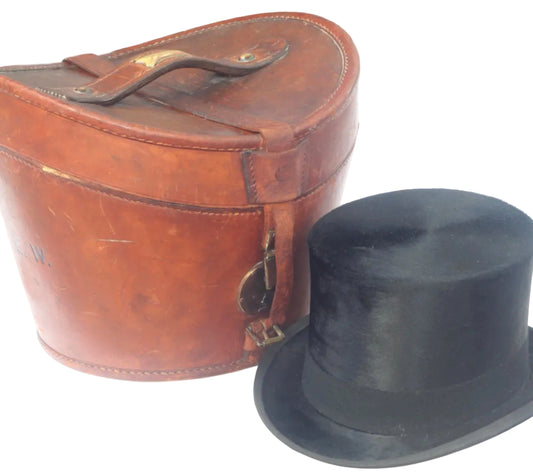 Vintage Silk Top Hat UK Size 7¼ in Leather Hat Box - Tophat030