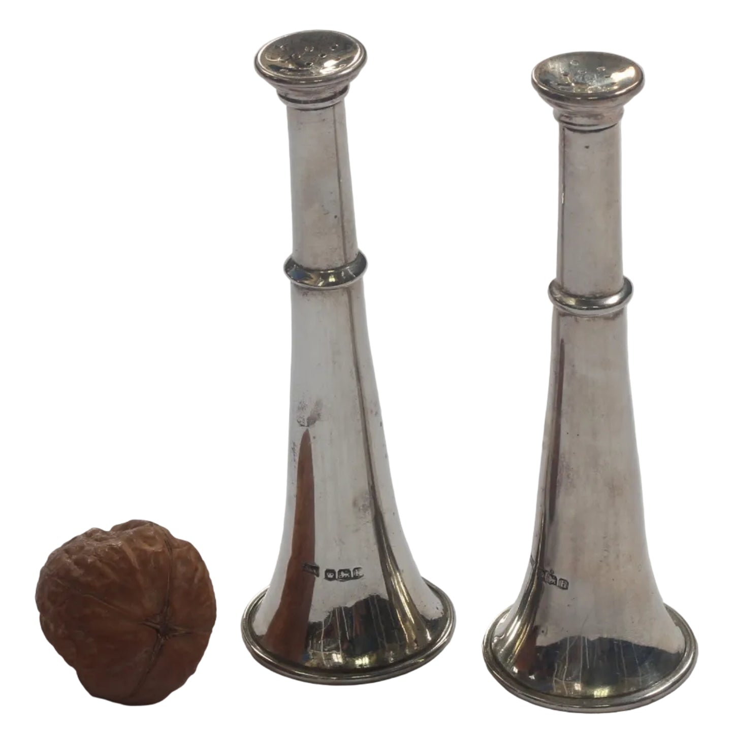 1925 Silver Hunting Horn Salt & Pepper Shakers or Pepperettes by Walker & Hall