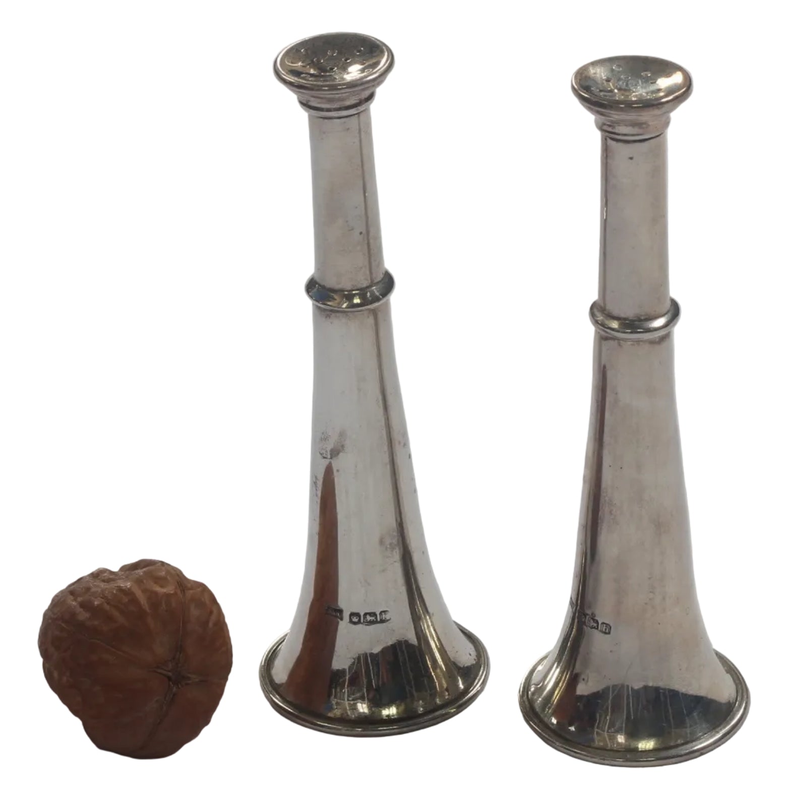 1925 Silver Hunting Horn Salt & Pepper Shakers or Pepperettes by Walker & Hall