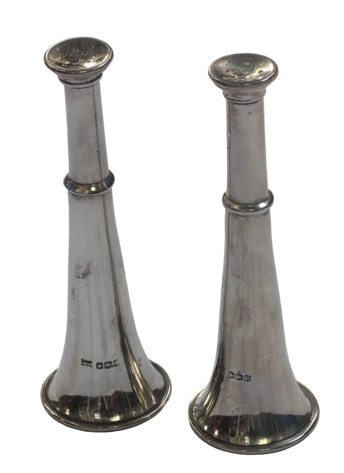 1925 Silver Hunting Horn Salt & Pepper Shakers or Pepperettes by Walker & Hall