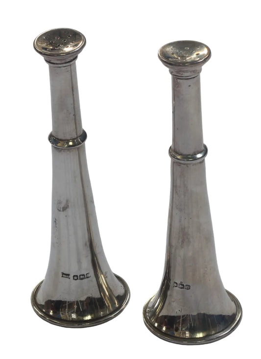 1925 Silver Hunting Horn Salt & Pepper Shakers or Pepperettes by Walker & Hall