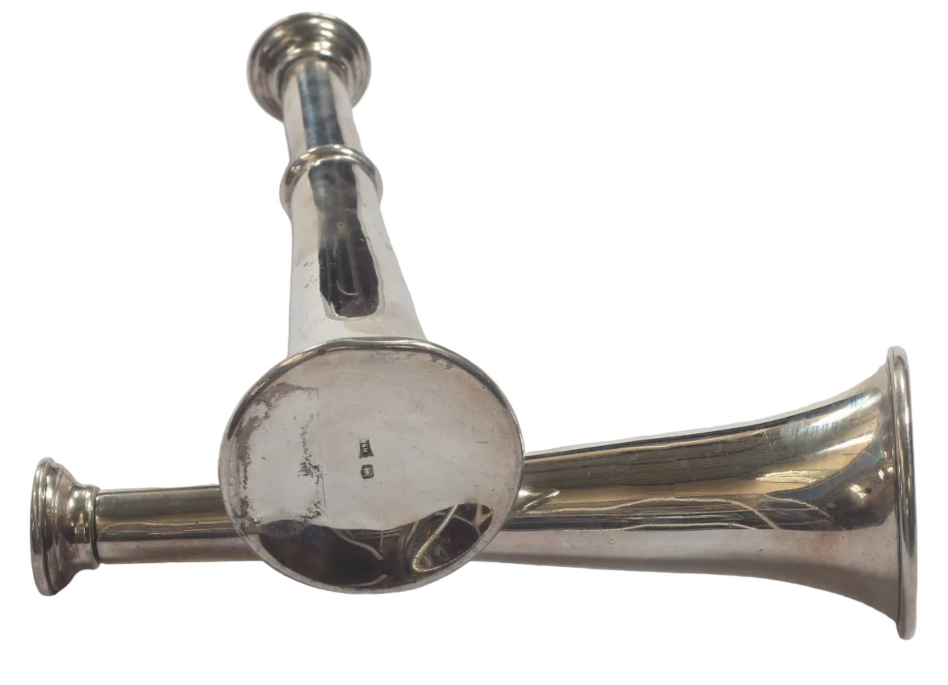 1925 Silver Hunting Horn Salt & Pepper Shakers or Pepperettes by Walker & Hall