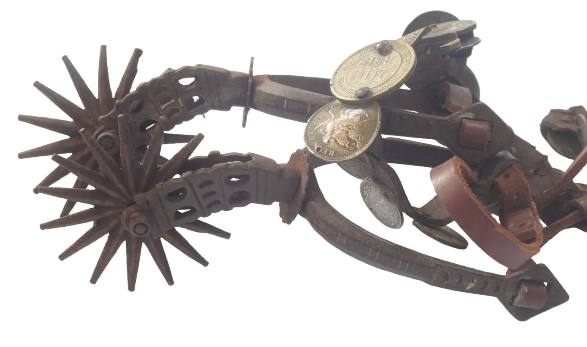 Pair of South American Spurs with Coin Decorated Straps