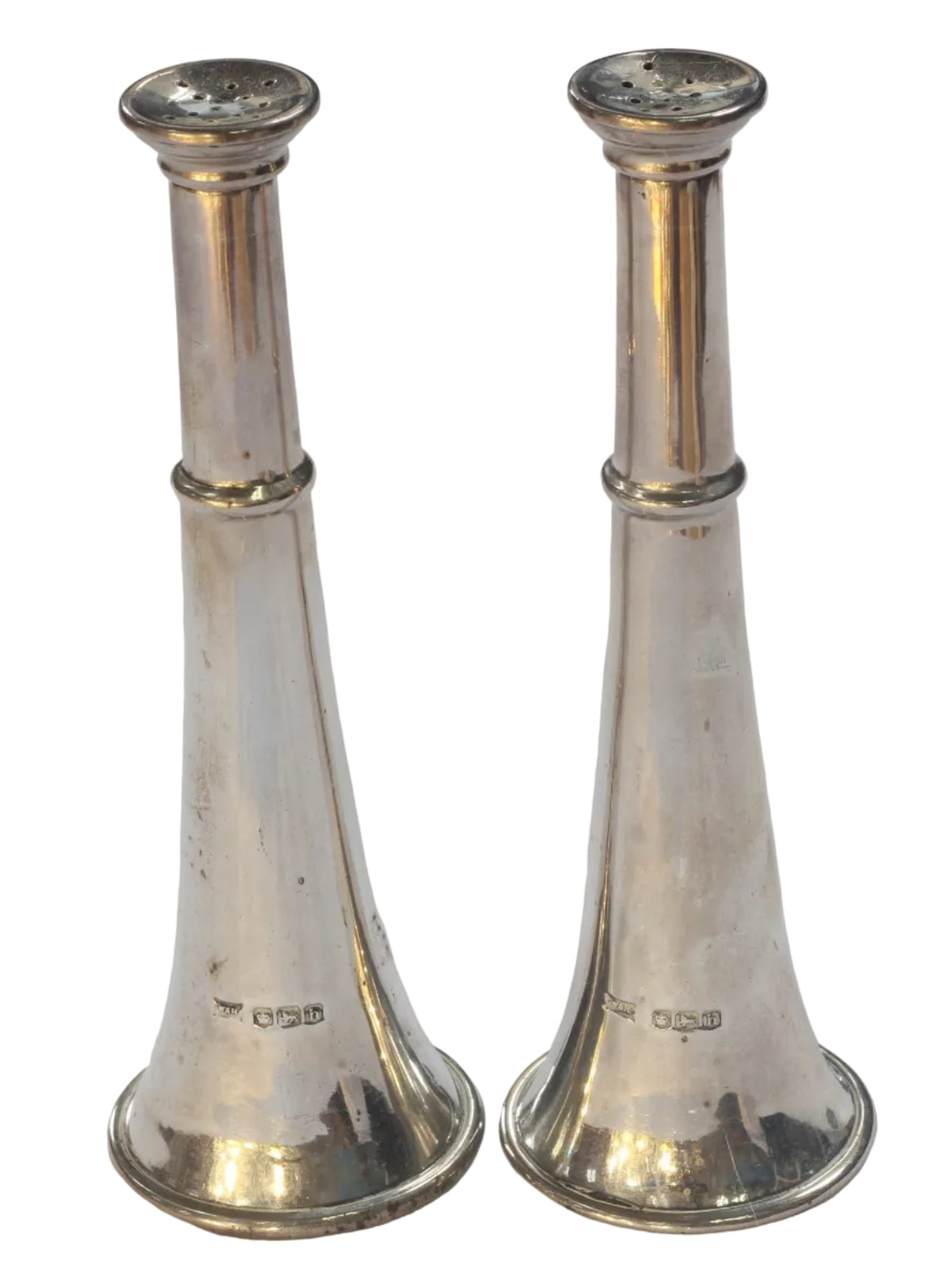 1925 Silver Hunting Horn Salt & Pepper Shakers or Pepperettes by Walker & Hall