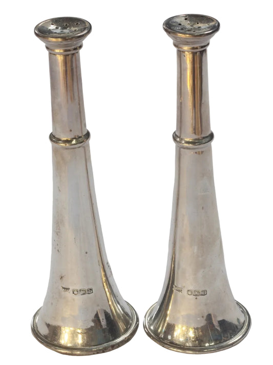 1925 Silver Hunting Horn Salt & Pepper Shakers or Pepperettes by Walker & Hall
