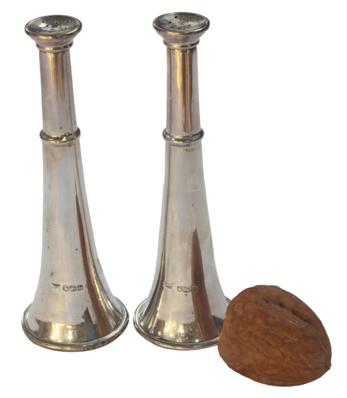 1925 Silver Hunting Horn Salt & Pepper Shakers or Pepperettes by Walker & Hall