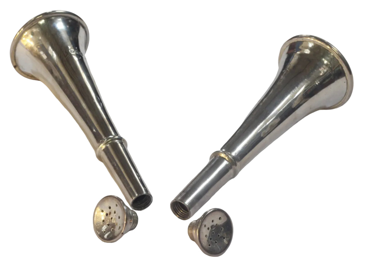 1925 Silver Hunting Horn Salt & Pepper Shakers or Pepperettes by Walker & Hall