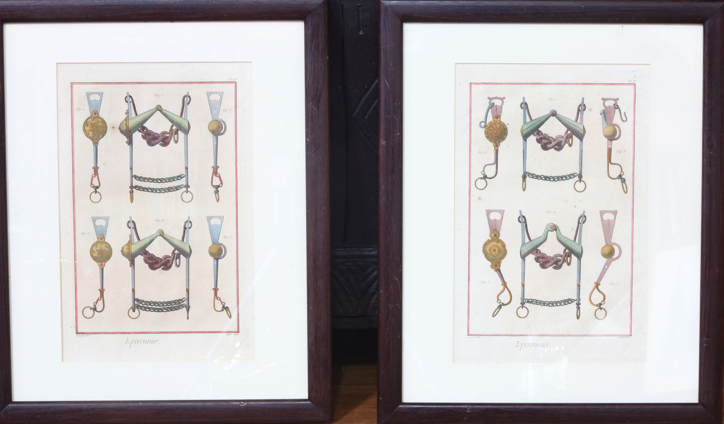 Pair of Framed 18th Century Hand Coloured Horse Bit Prints